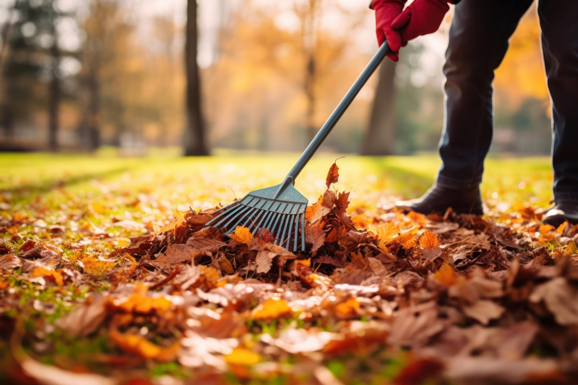 A person raking leaves
